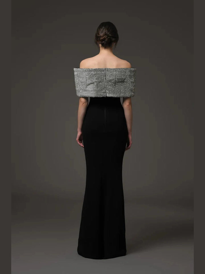 Crepe evening Dress with Crystal Bow