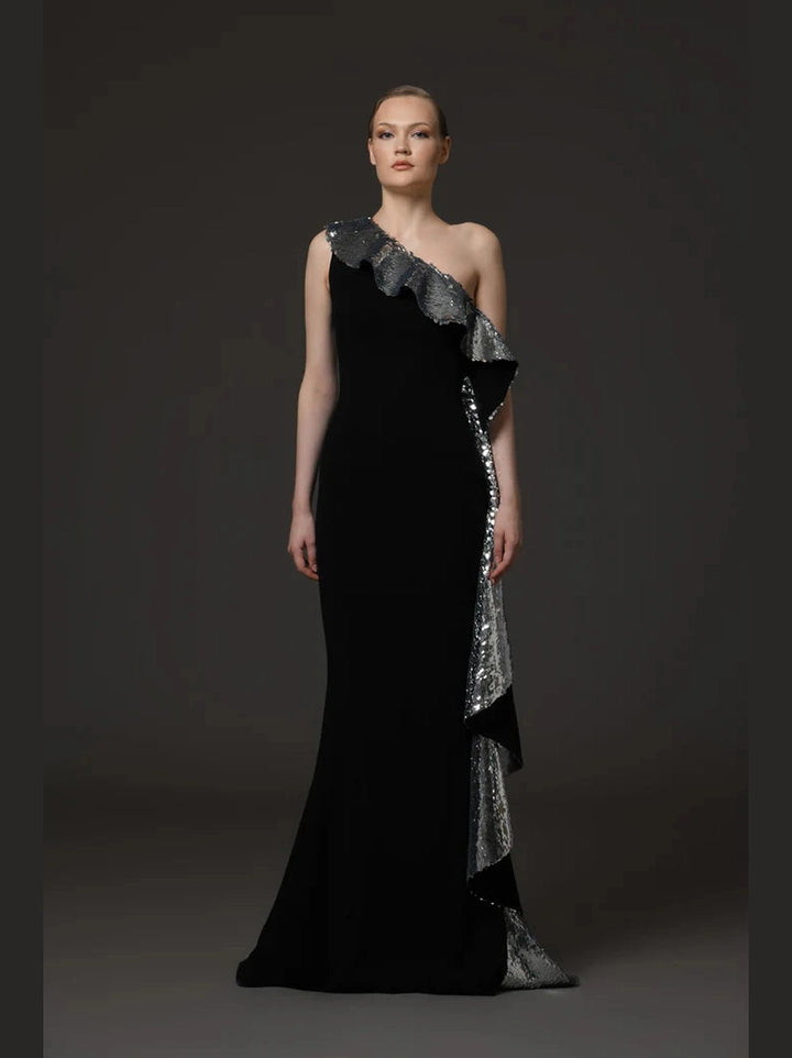 Assymetri Crepe Ruffle Dress