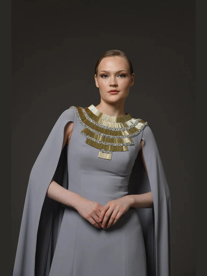 Crepe Dress with Embroidered Neckline