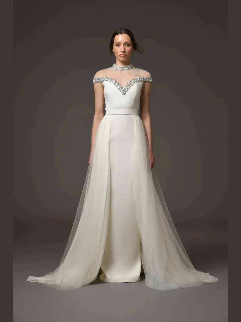 Embroidered Crepe and Chiffon Dress