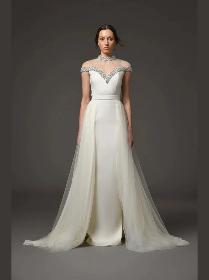 Embroidered Crepe and Chiffon Dress