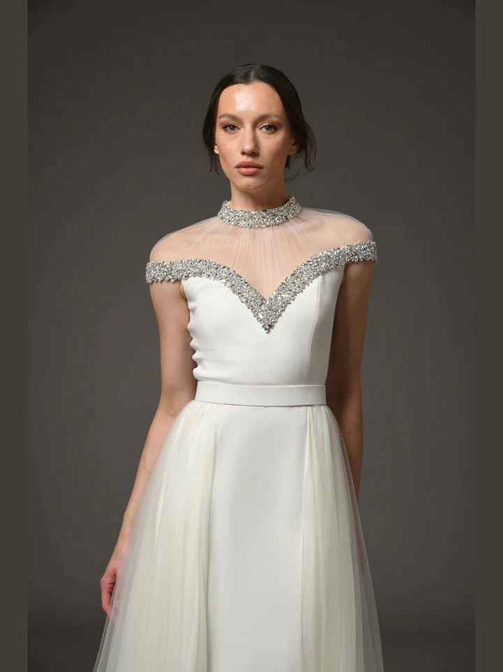 Embroidered Crepe and Chiffon Dress