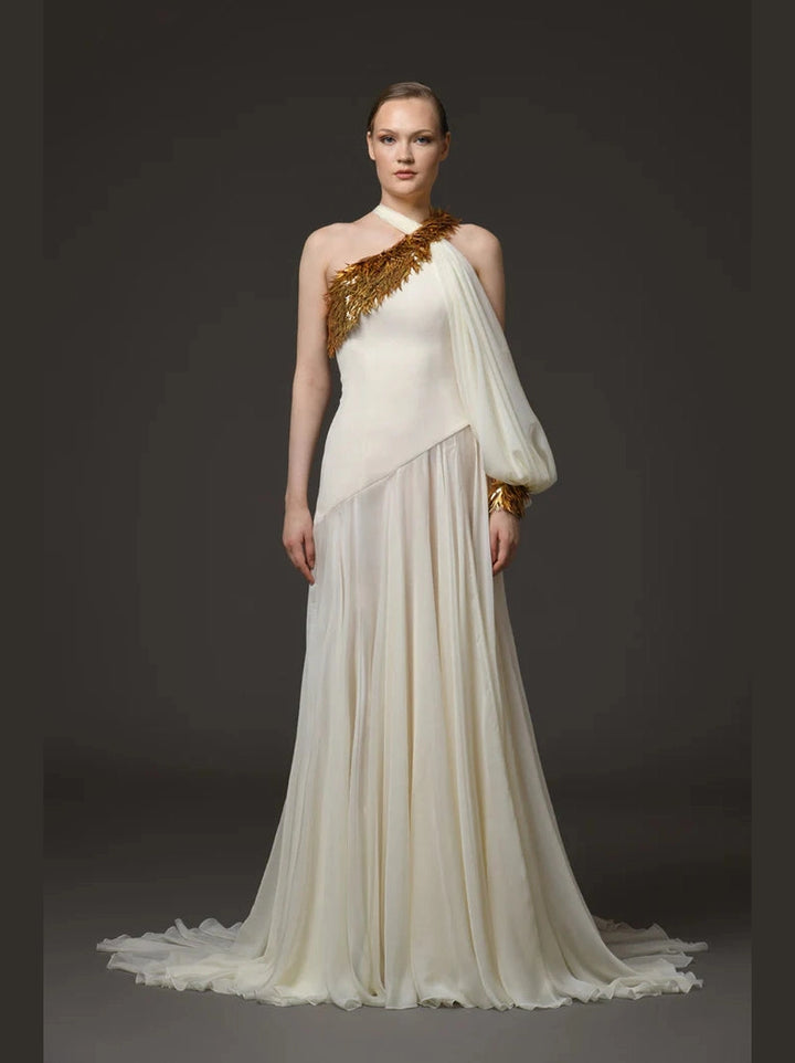 Ivory Crepe and Chiffon Dress