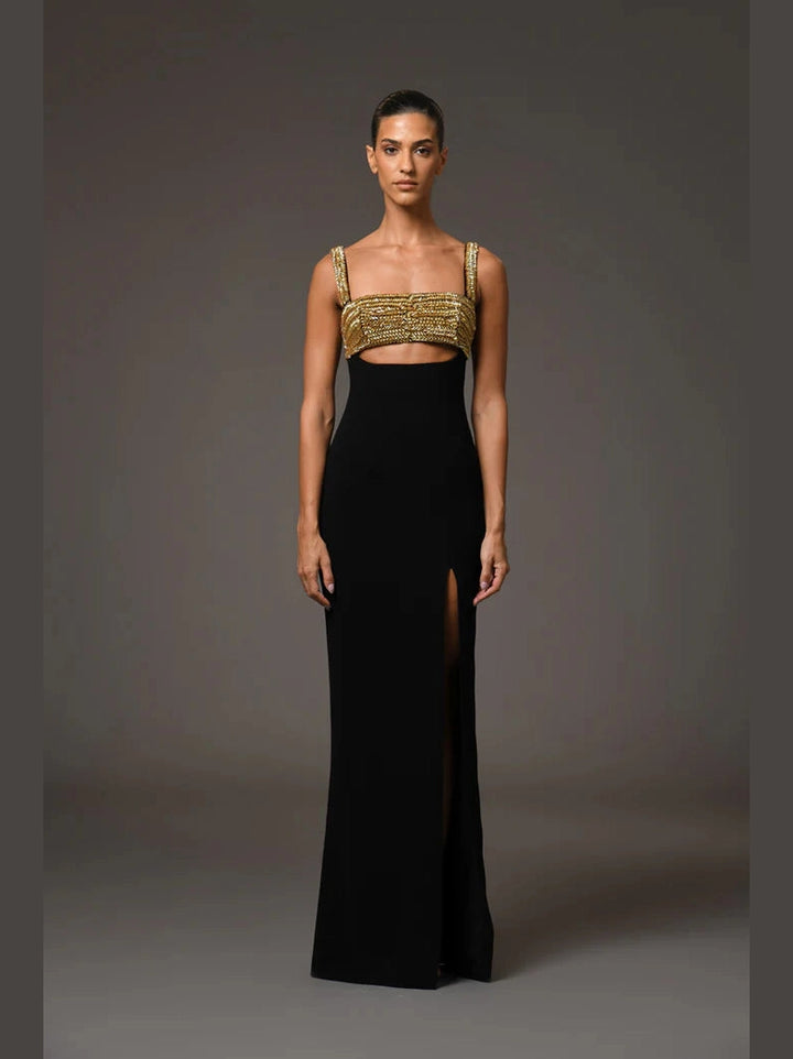 Gold embroidred Black Cape Dress
