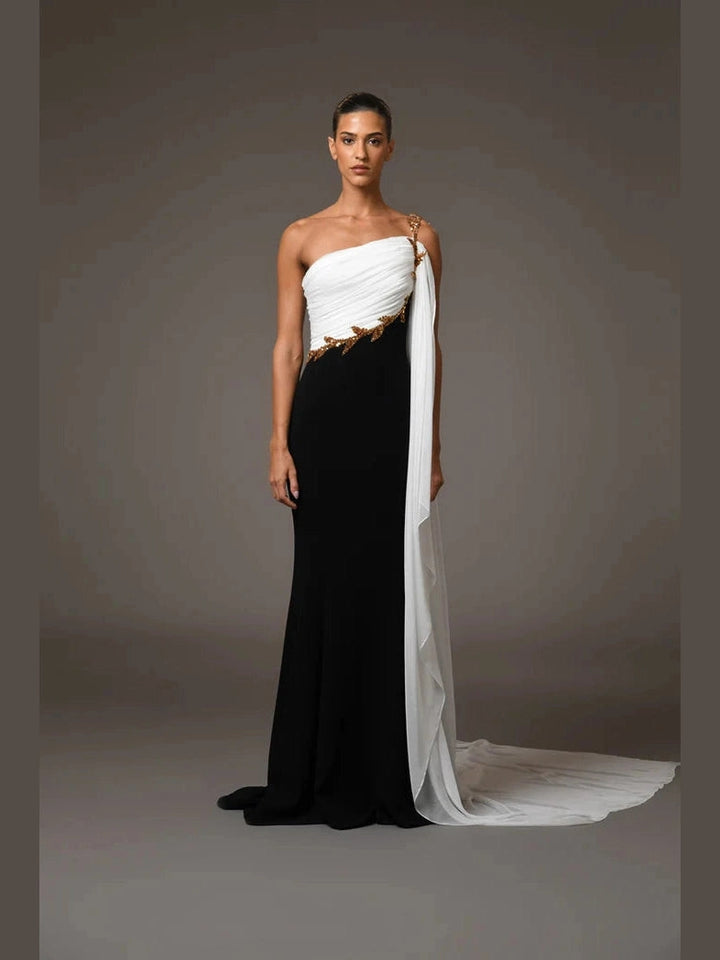 Embroidered Black and White Cape Dress