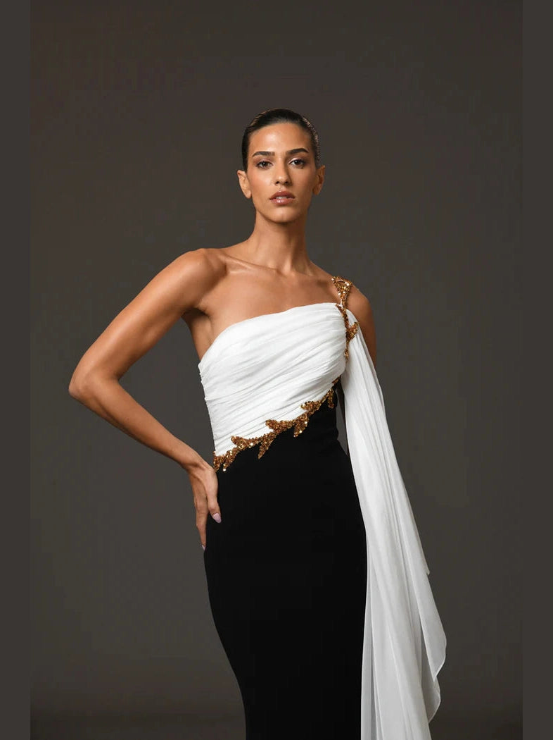 Embroidered Black and White Cape Dress