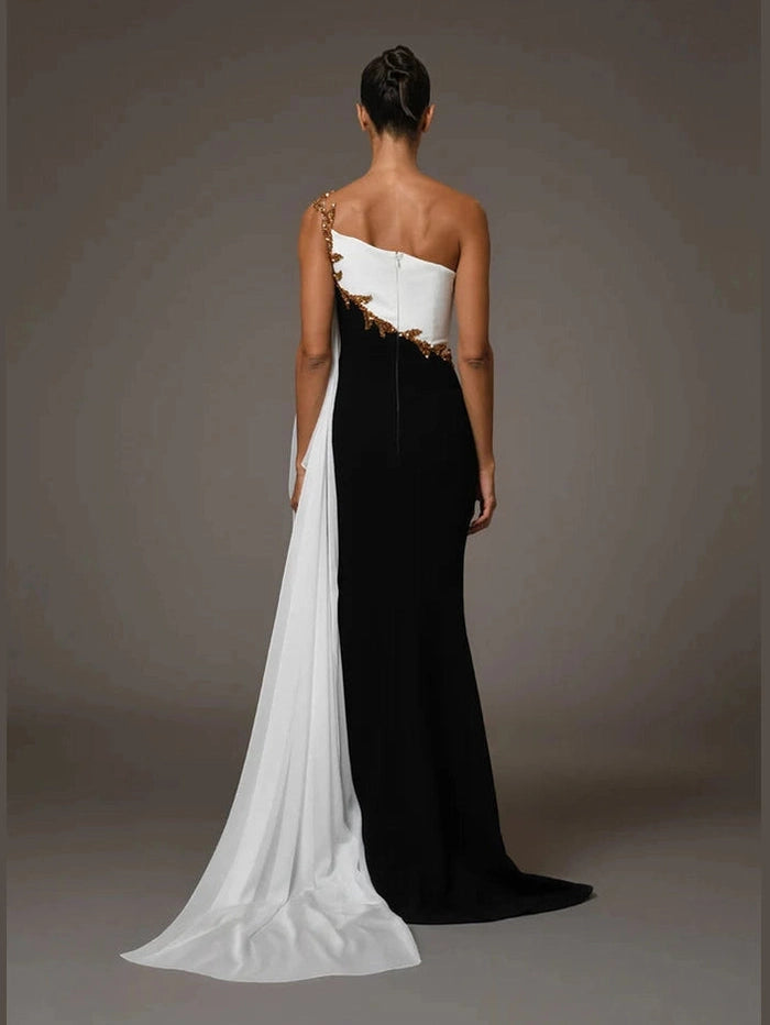 Embroidered Black and White Cape Dress