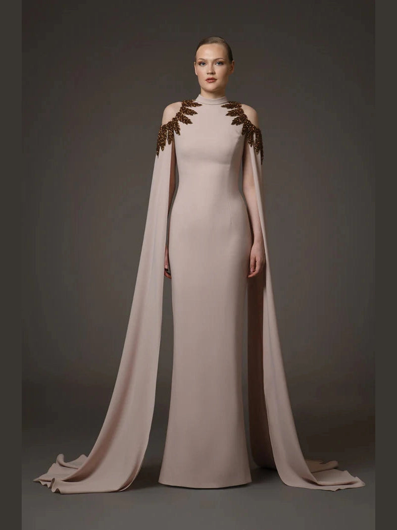 Nude Embroidered Crepe Dress