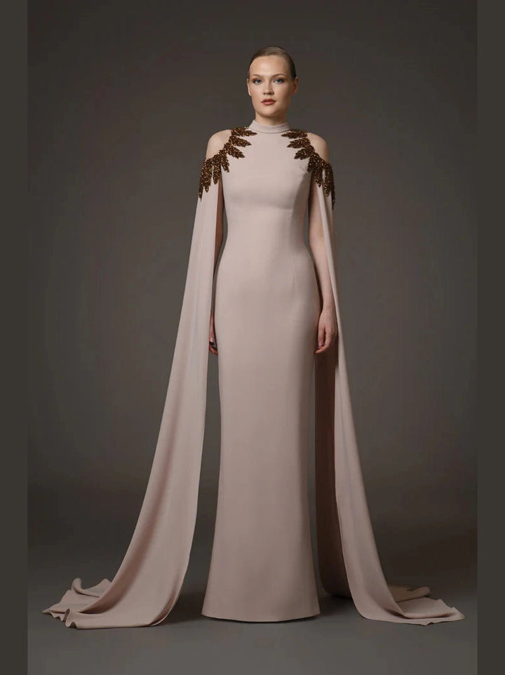 Nude Embroidered Crepe Dress