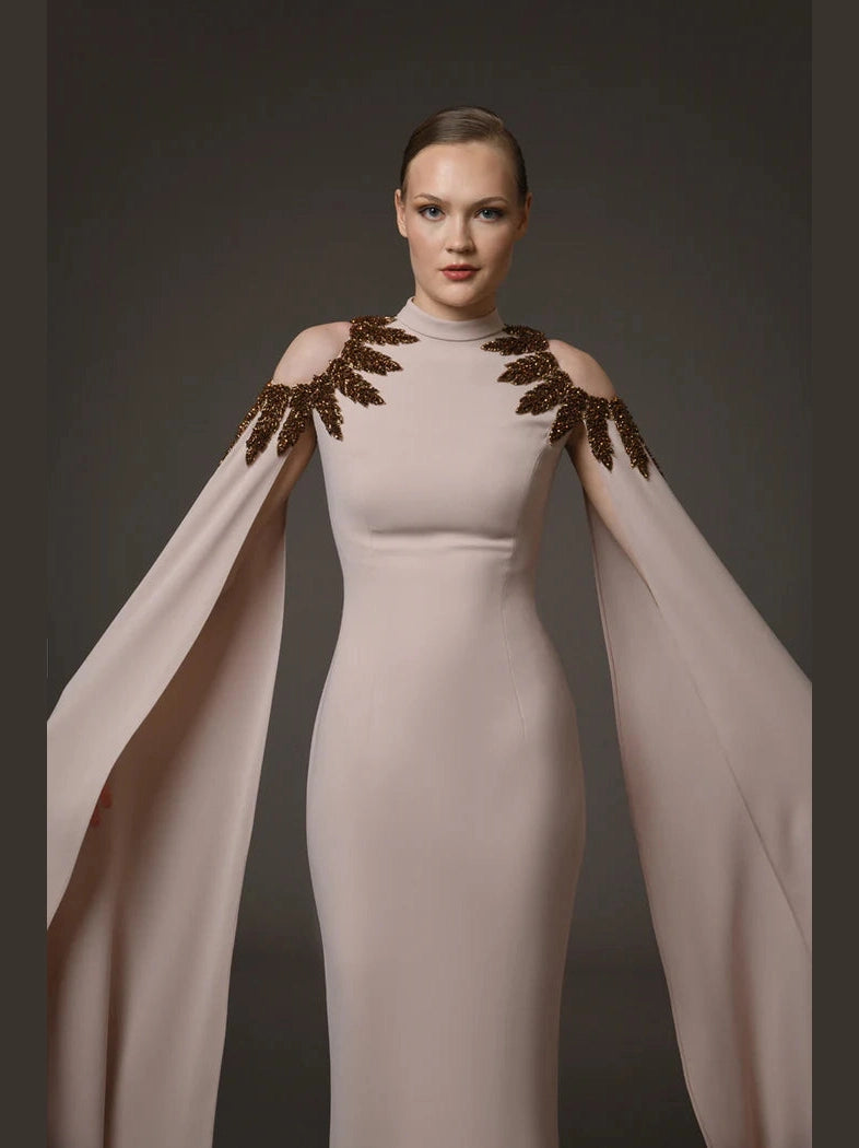 Nude Embroidered Crepe Dress