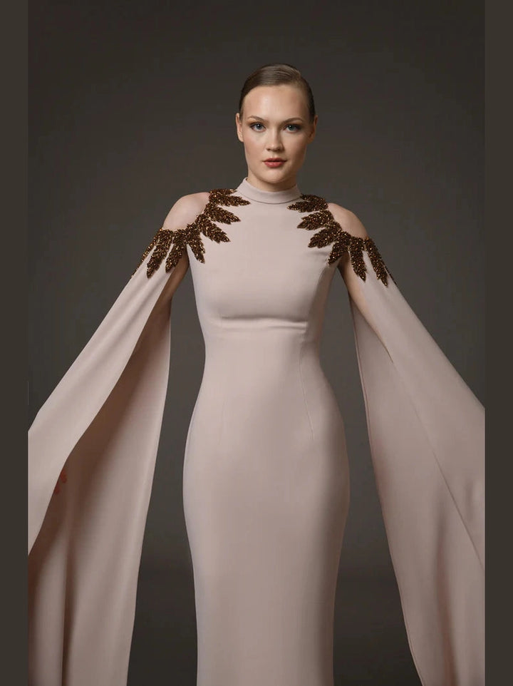 Nude Embroidered Crepe Dress