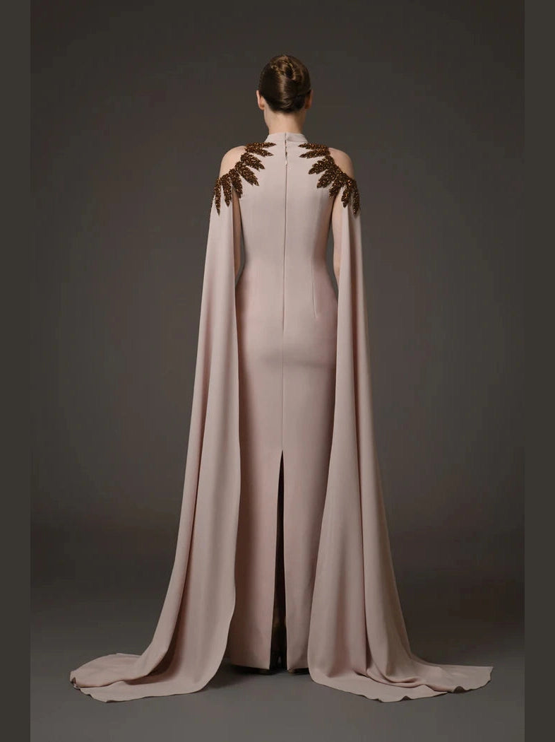 Nude Embroidered Crepe Dress