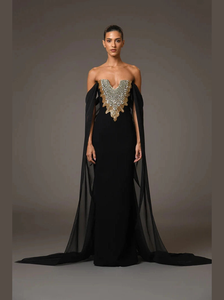 Embroidred Cape Dress with Chiffon Sleeves