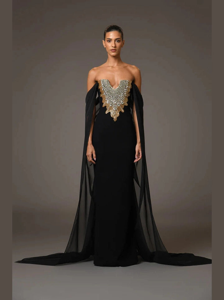 Embroidred Cape Dress with Chiffon Sleeves