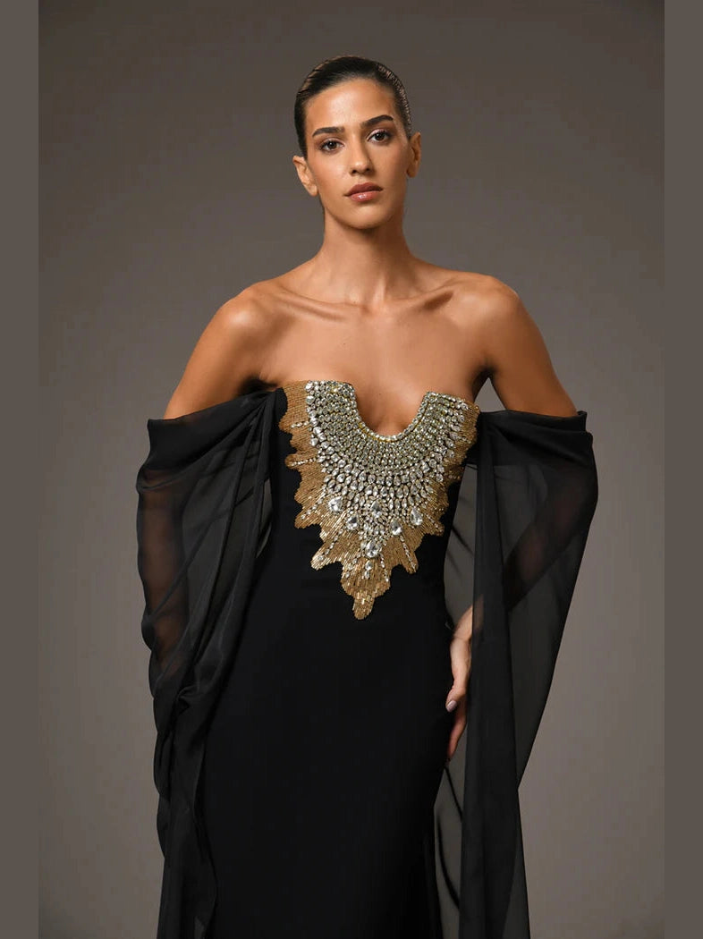 Embroidred Cape Dress with Chiffon Sleeves