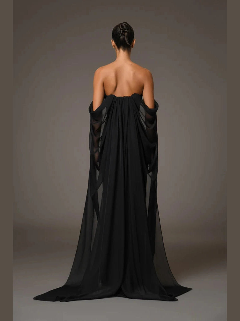 Embroidred Cape Dress with Chiffon Sleeves