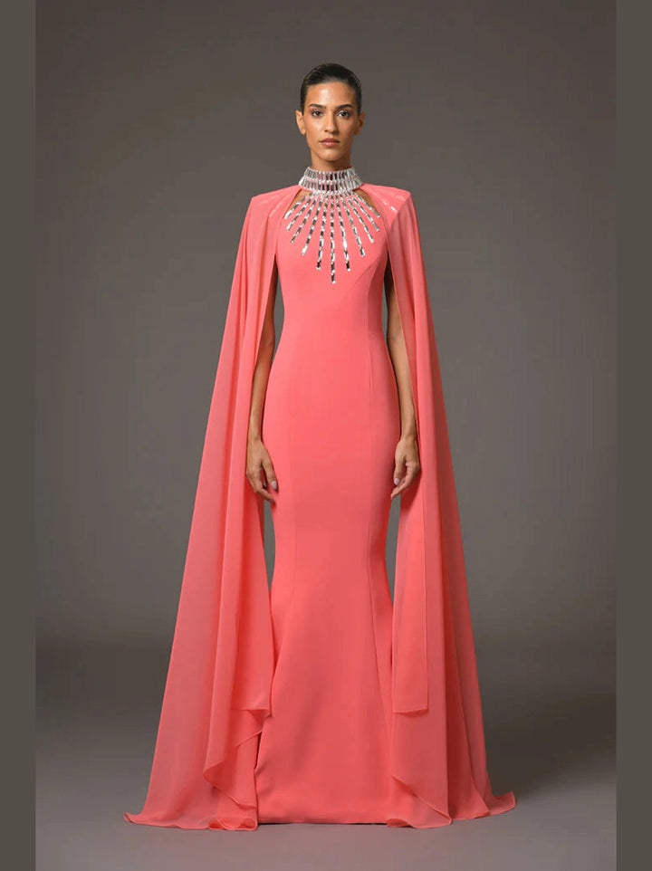 Coral Dress with Baguette Embroidery