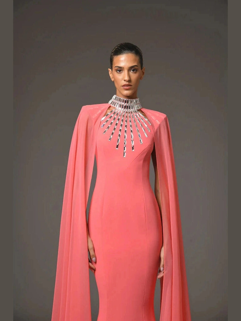 Coral Dress with Baguette Embroidery