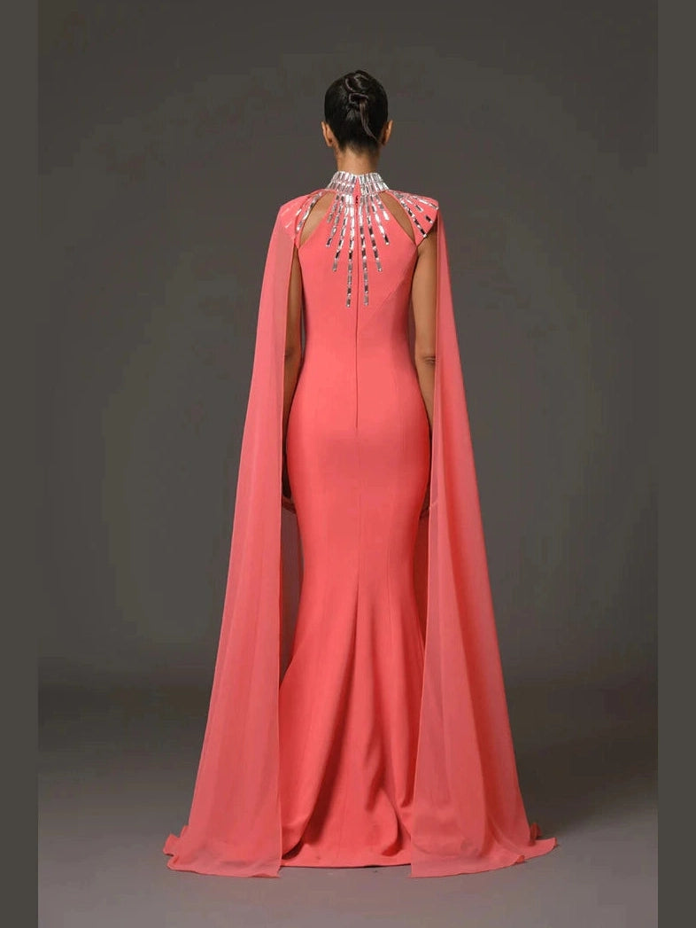 Coral Dress with Baguette Embroidery