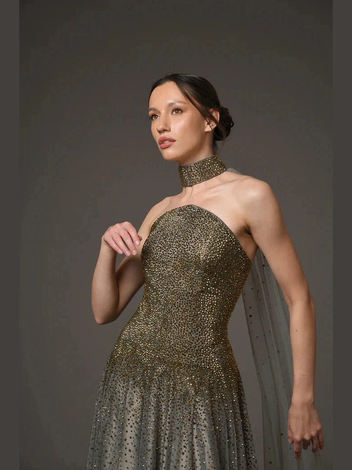 Embroidered Corset Crepe Dress