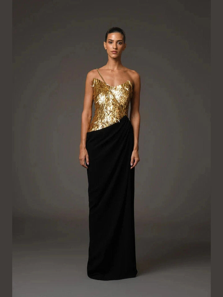 Corset Crepe Dress with Gold Embroidery