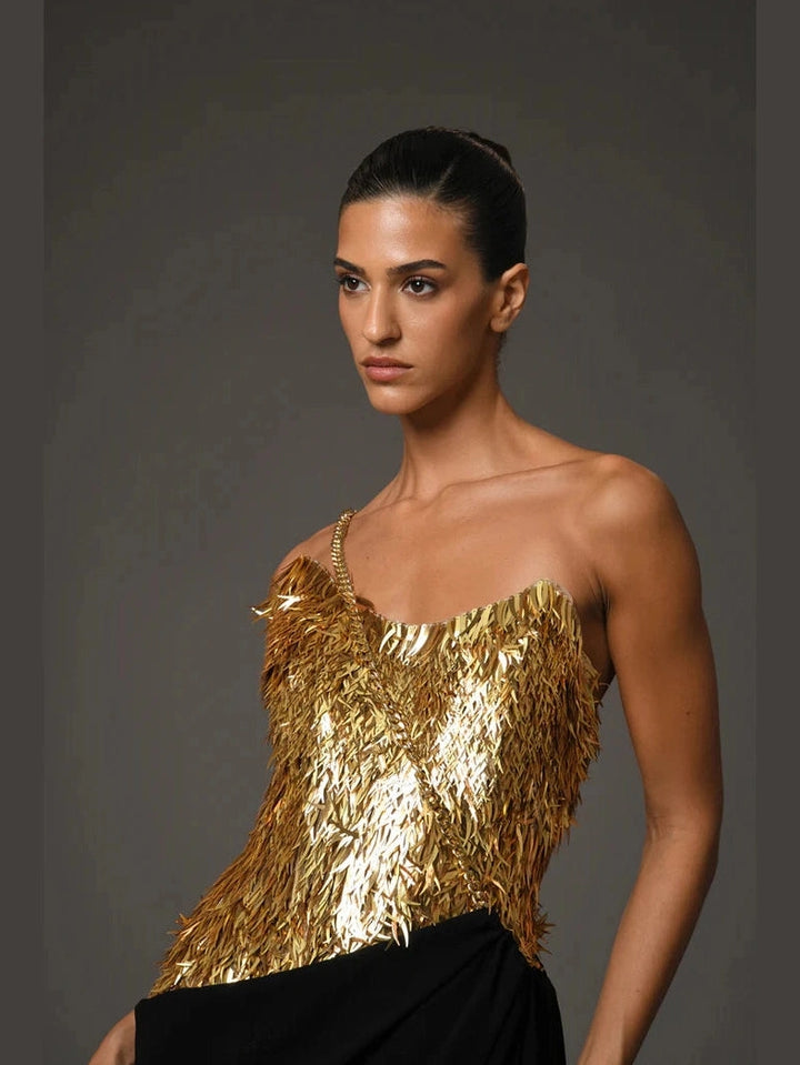 Corset Crepe Dress with Gold Embroidery