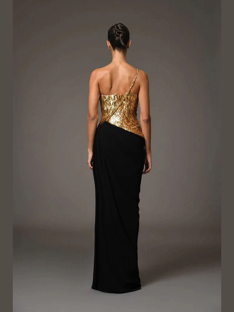 Corset Crepe Dress with Gold Embroidery