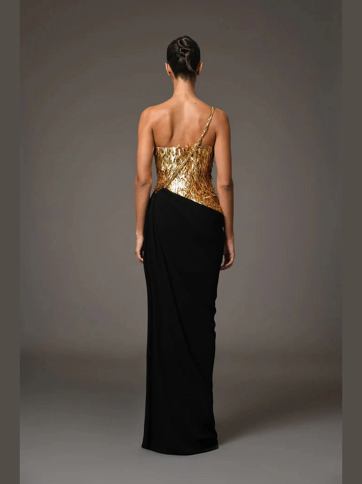 Corset Crepe Dress with Gold Embroidery