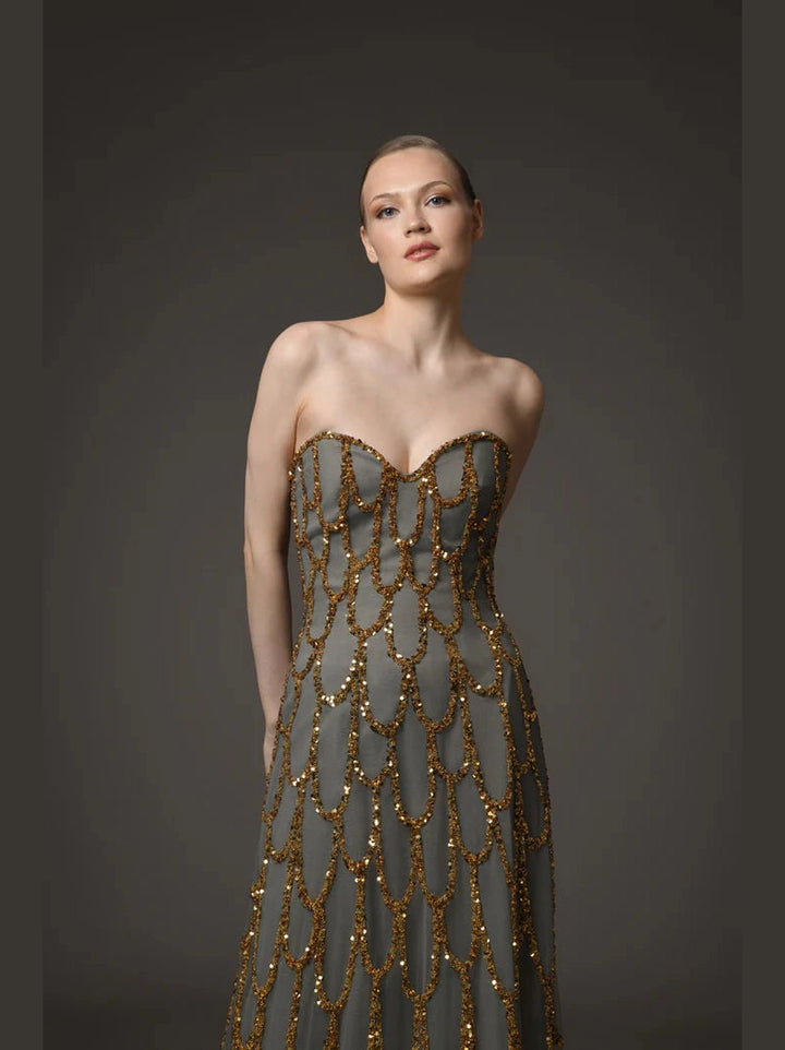 Gold Embroidered Tulle Dress
