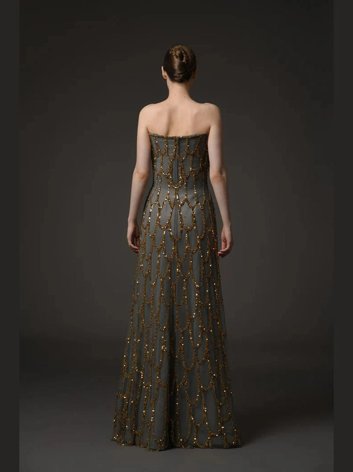Gold Embroidered Tulle Dress