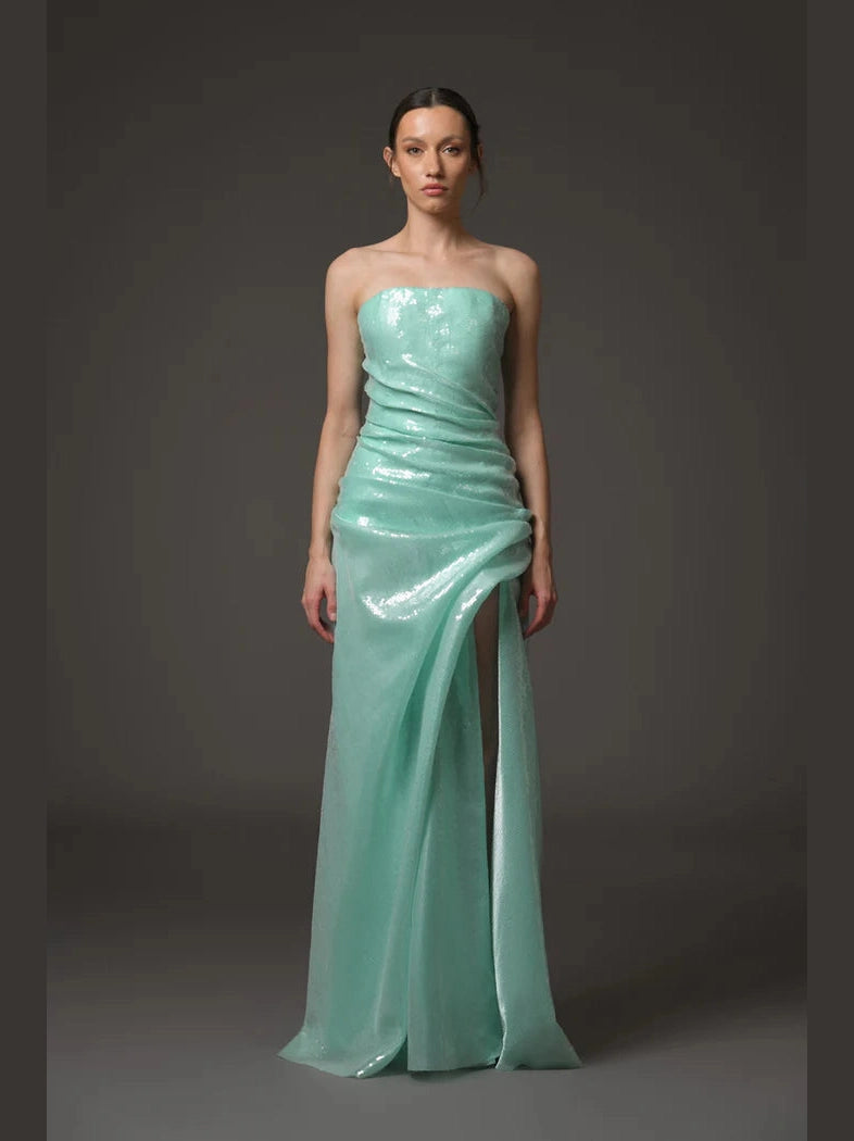 Green sequined corseted dress.