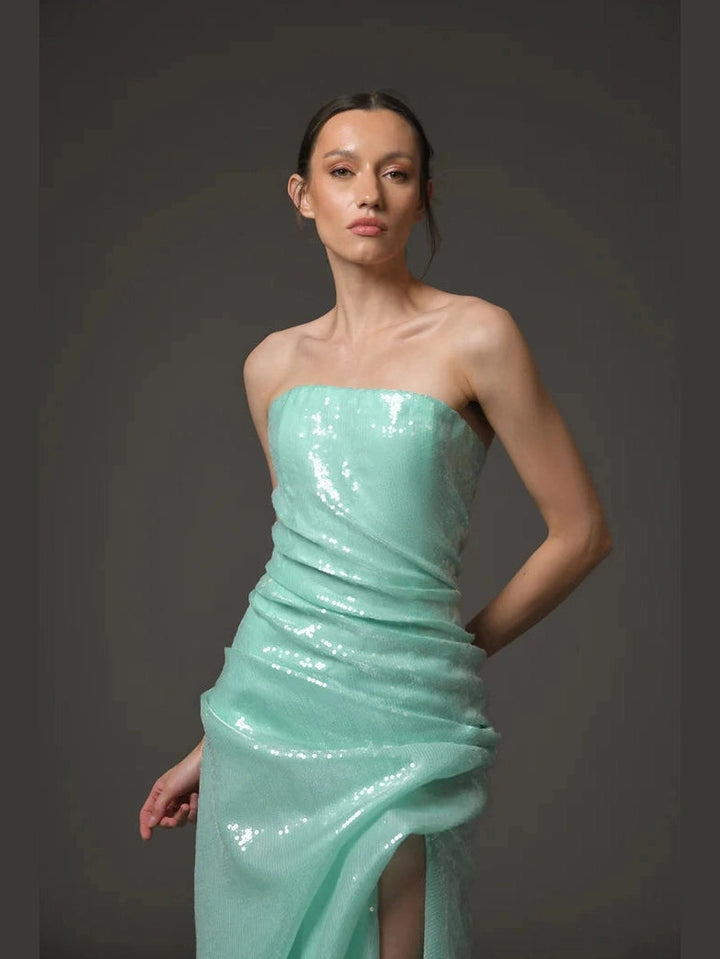 Green sequined corseted dress.