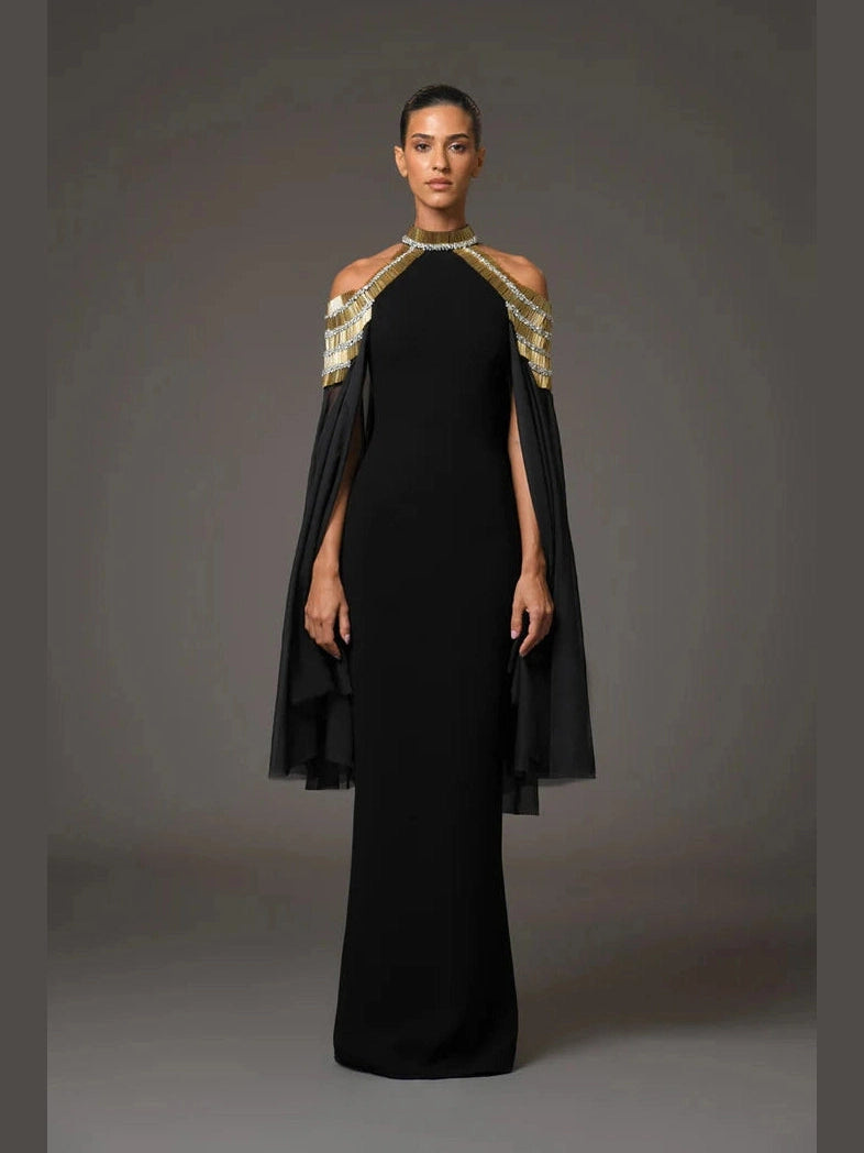 Embroidrered Dress with Cape Sleeves