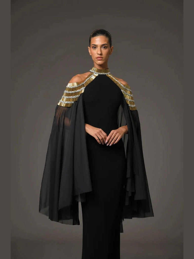 Embroidrered Dress with Cape Sleeves