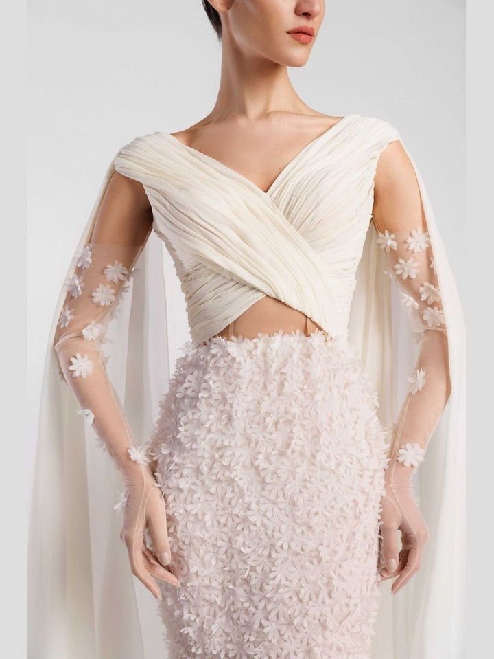 V-Neck Evening Dress with Cape Accents