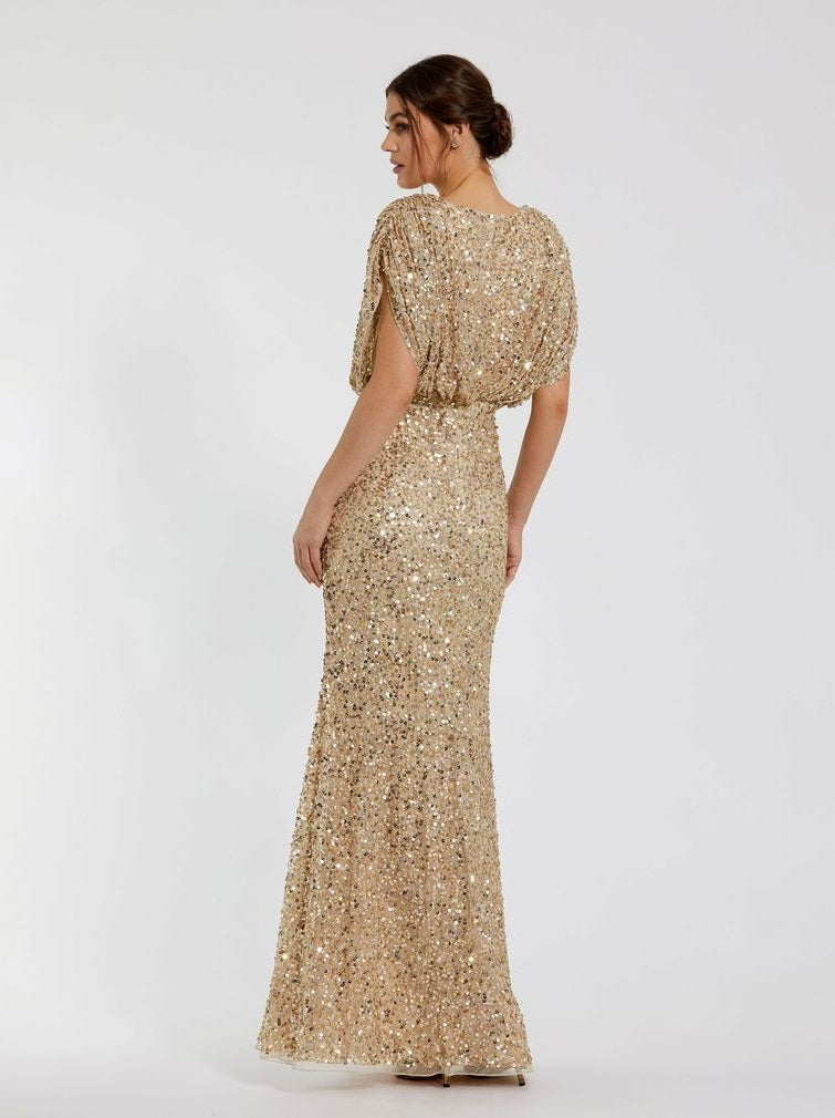 Draped Sleeve V Neck Gown