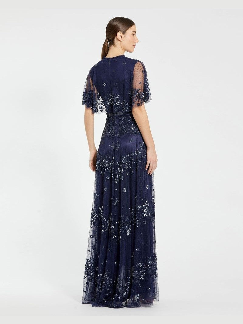 Sequined High Neck Flutter Sleeve A Line Gown