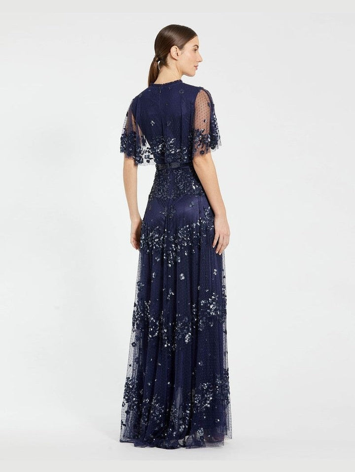 Sequined High Neck Flutter Sleeve A Line Gown