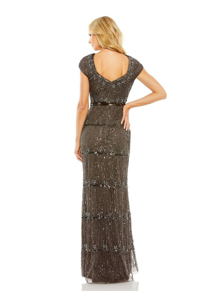 Cap Sleeve Sweetheart Neckline Beaded Sequin Column Gown