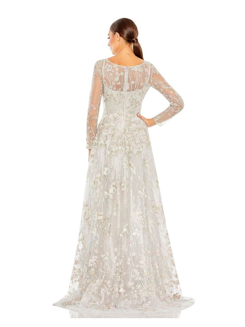 Lace Wrap Over Illusion Long Sleeve A Line Gown -Pink