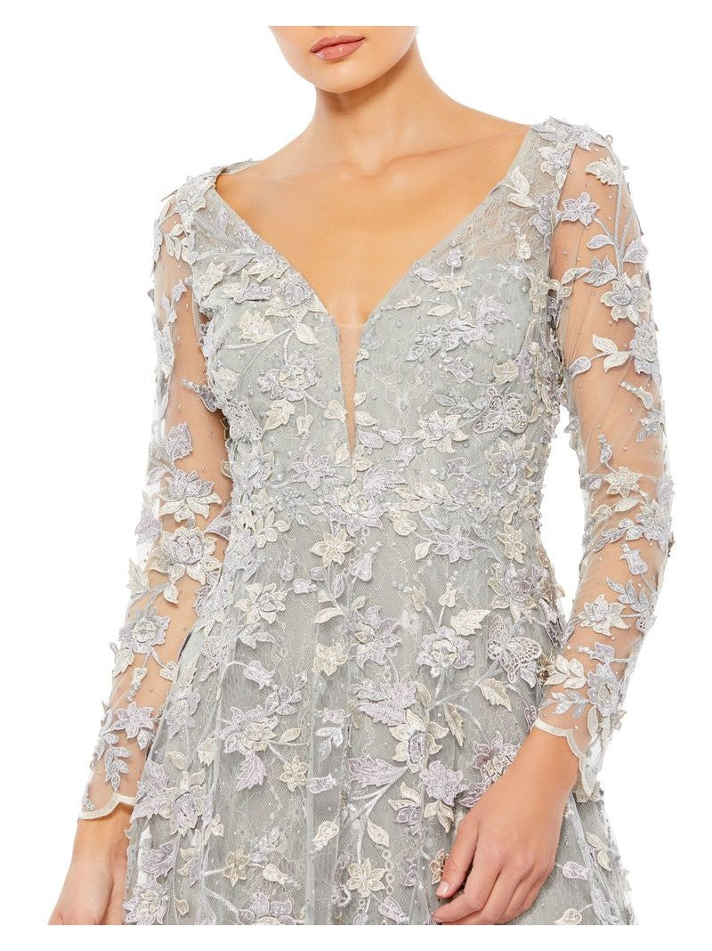 Floral Applique Long Sleeve Illusion Gown