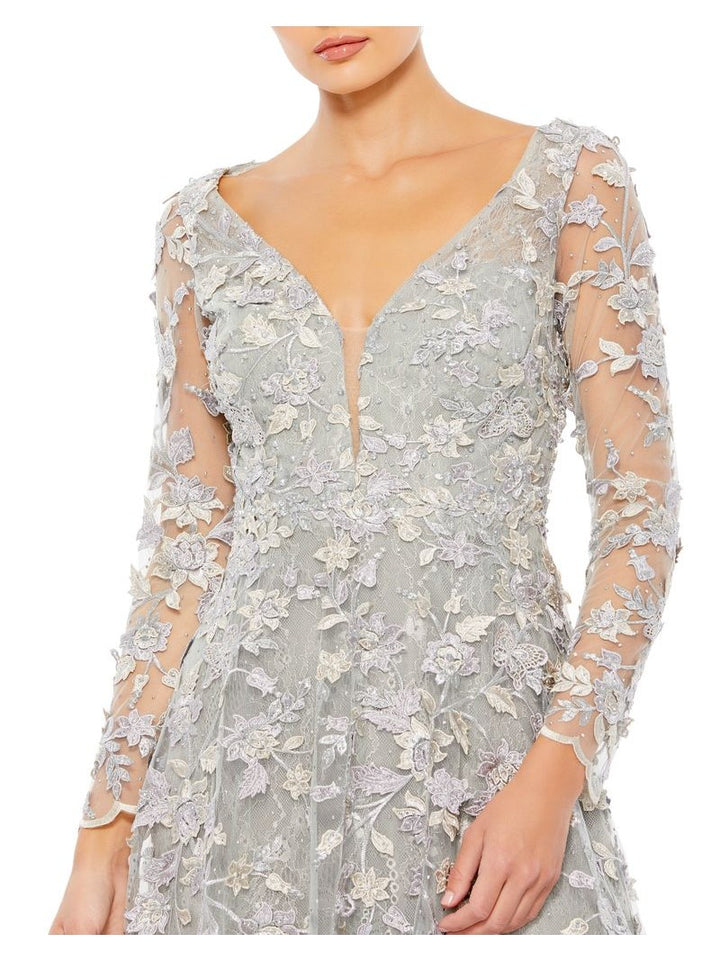 Floral Applique Long Sleeve Illusion Gown