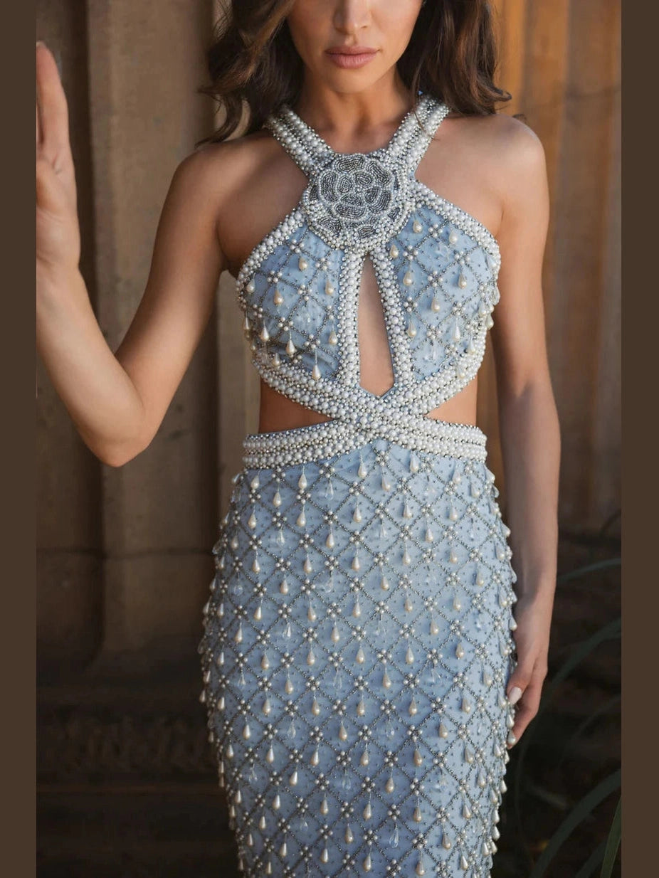 Sleeveless Halter Cutout Pearl Embellished Gown