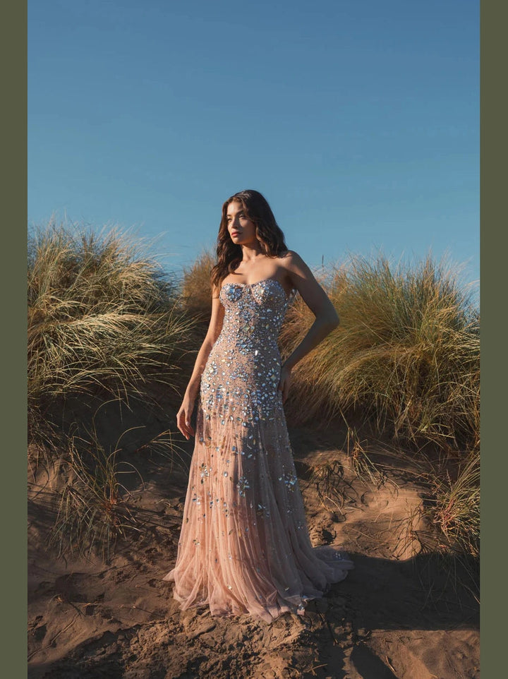 Pink Strapless Sweetheart Embellished Net Gown