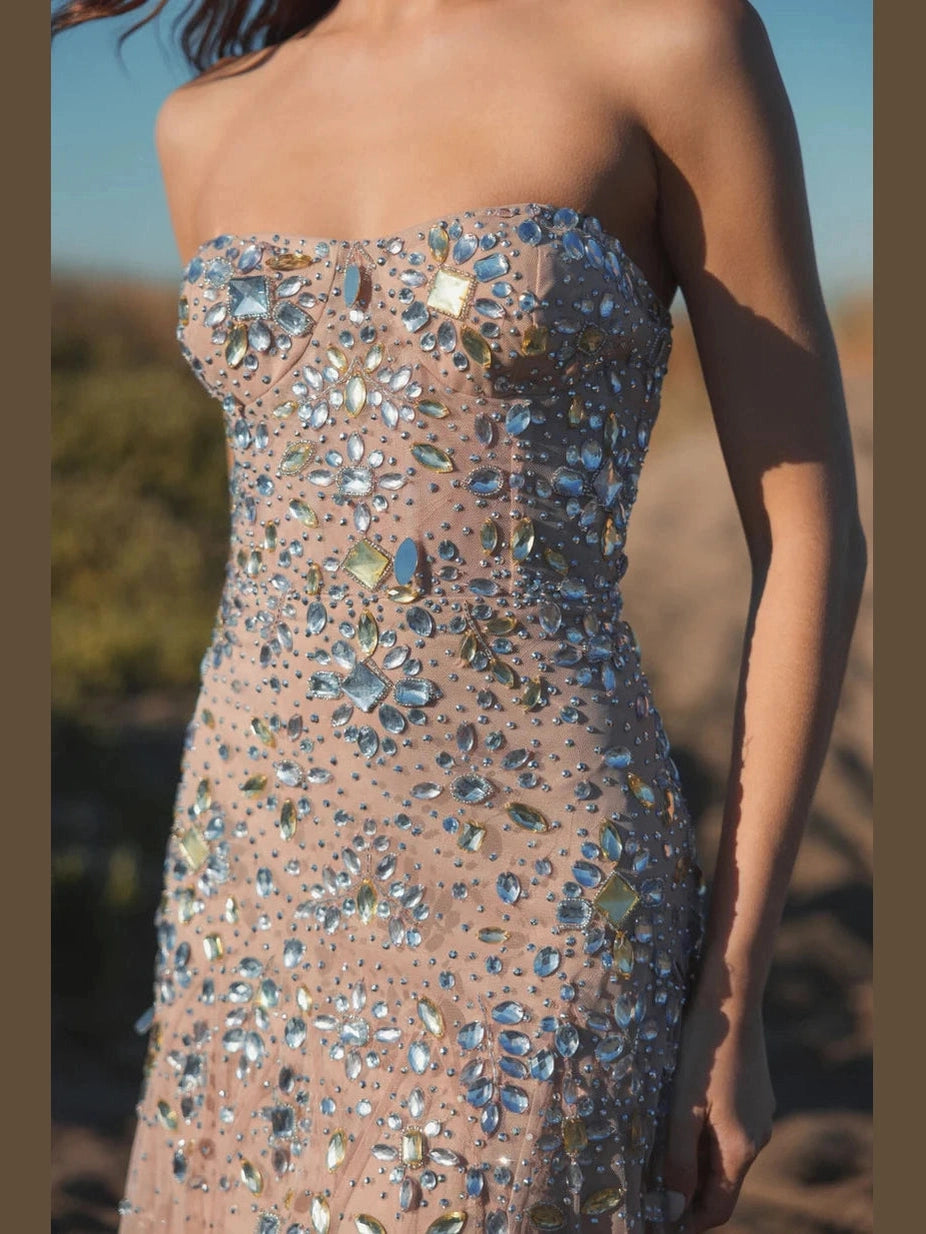 Pink Strapless Sweetheart Embellished Net Gown