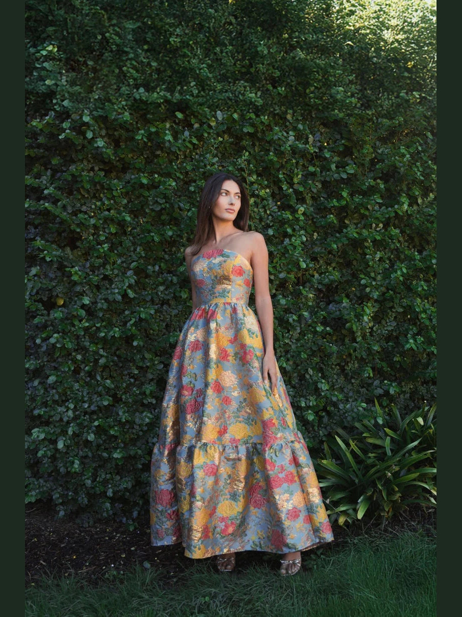 Strapless Brocade Floral Gown With Ruffle Hem