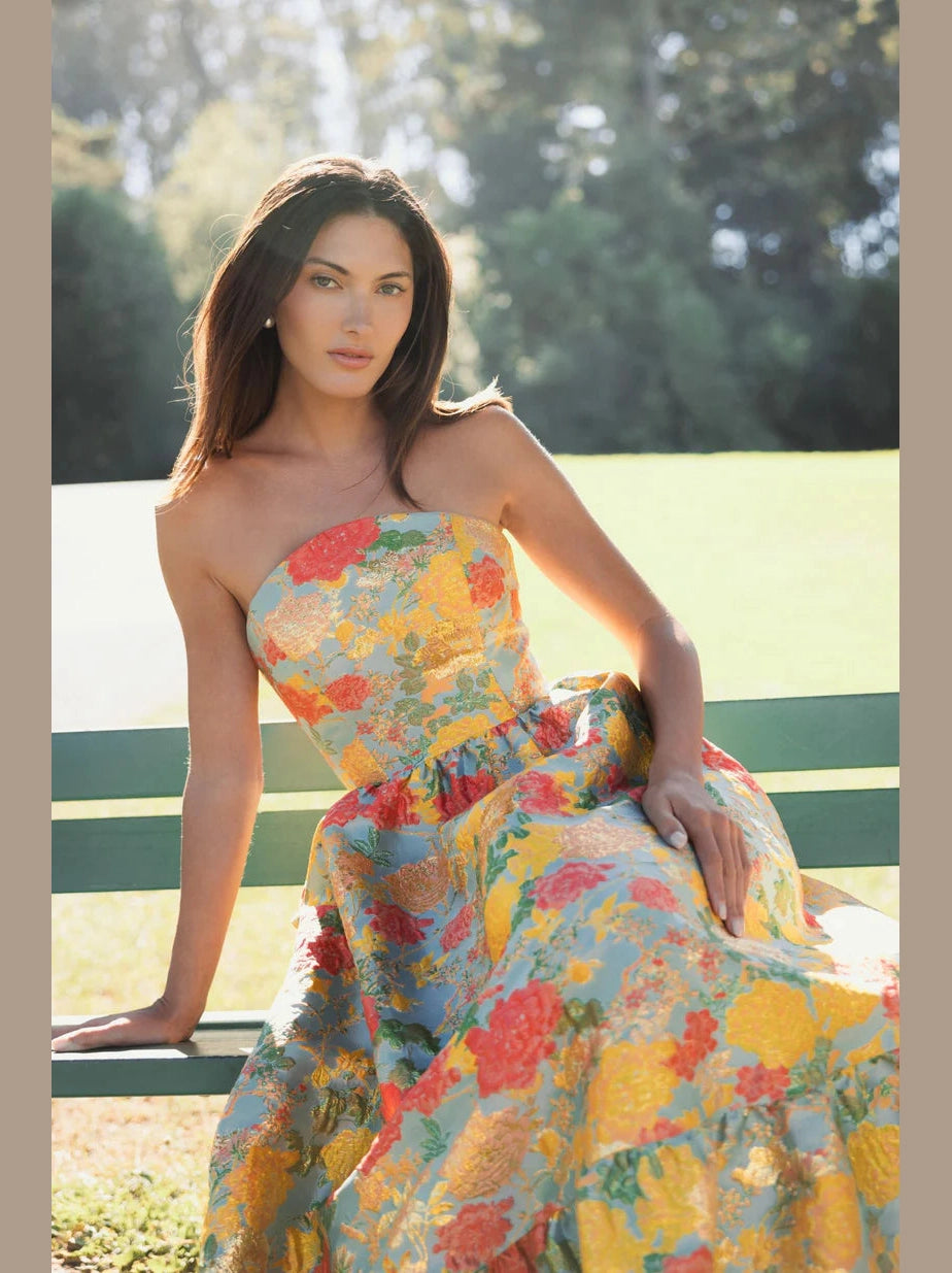 Strapless Brocade Floral Gown With Ruffle Hem