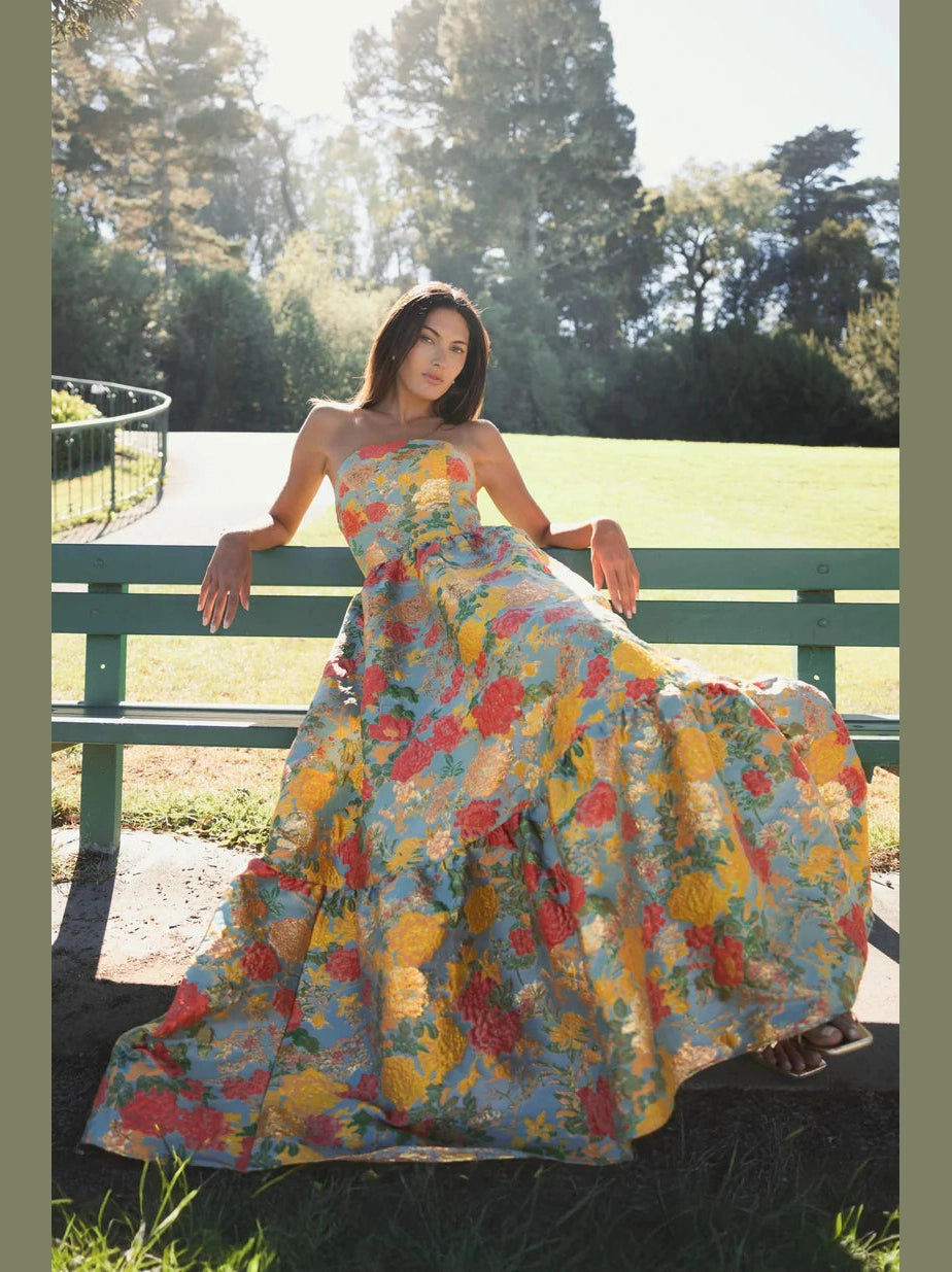 Strapless Brocade Floral Gown With Ruffle Hem