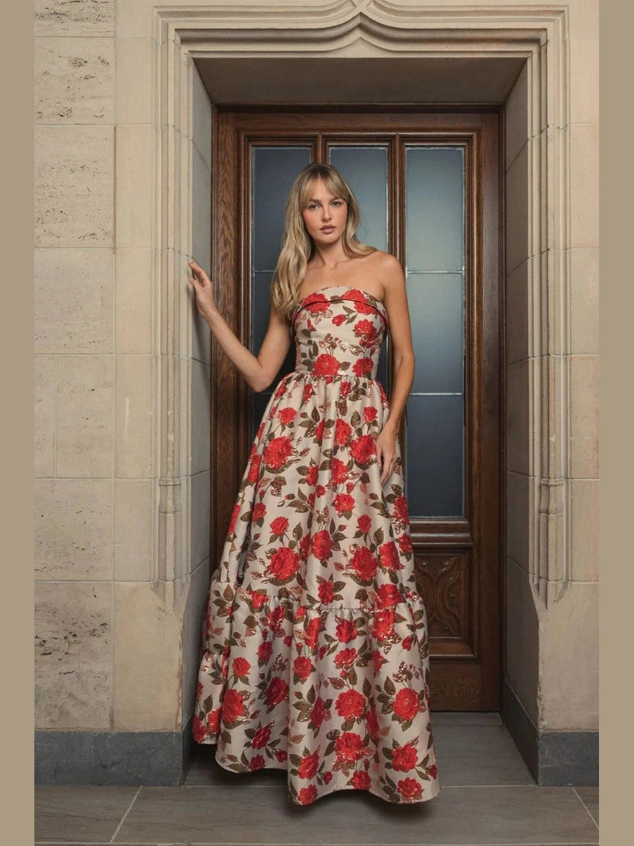 Strapless Floral Gown With Ruffle Hem
