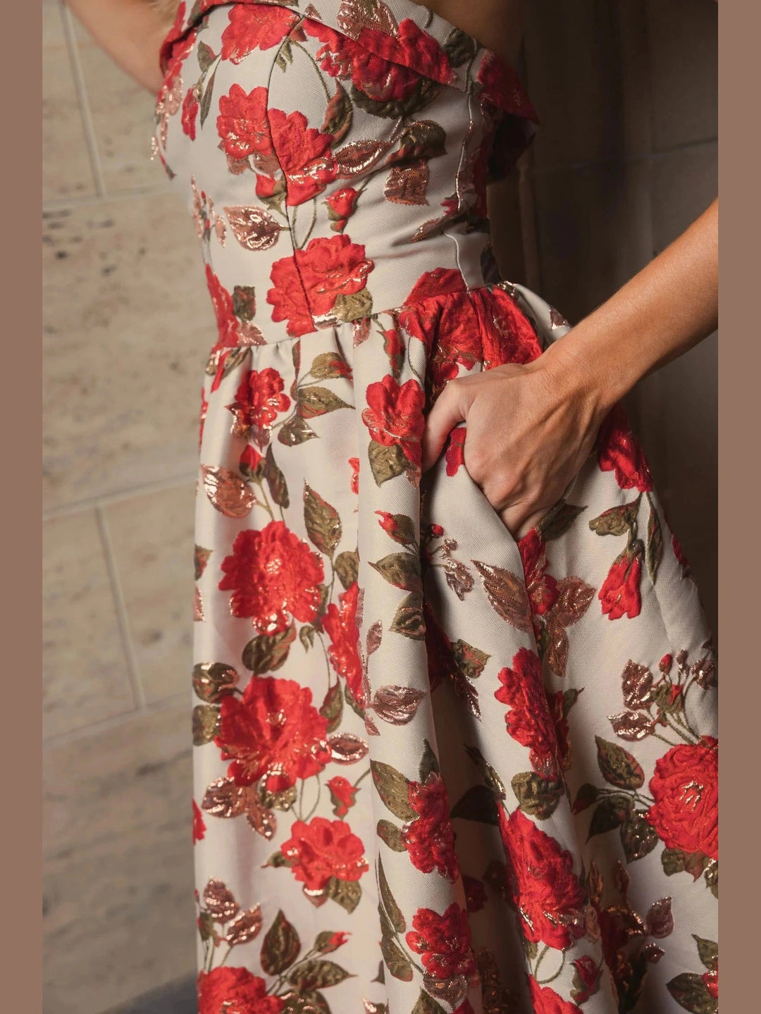 Strapless Floral Gown With Ruffle Hem